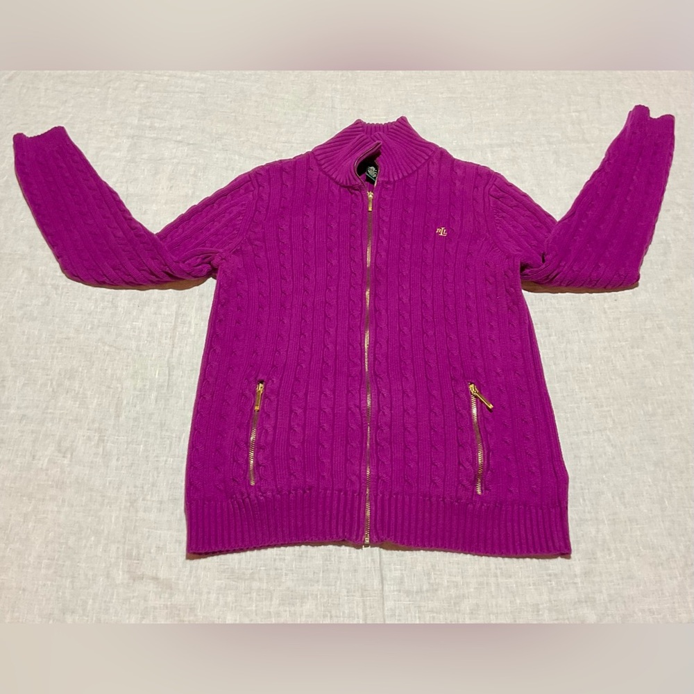 Ralph Lauren Purple Cable Knit Full Zip Sweater Cardigan RLL Embroidery Women Xs